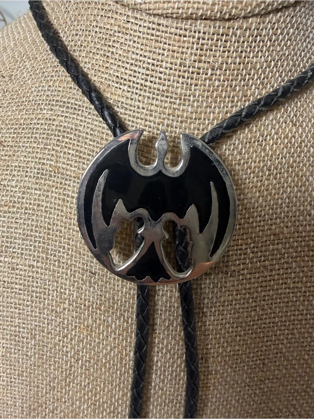 Western Bat Bolo Tie Unisex Black Silver Bolo Necklace Cowboy Goth 18 Inch